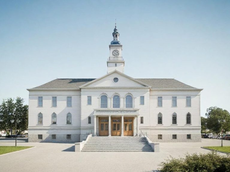 Historisches Rathaus mit Säulen und einem Uhrturm, umgeben von Bäumen.