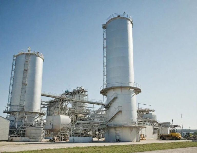 Große silberne Silos und industrielle Anlagen unter klarem Himmel.