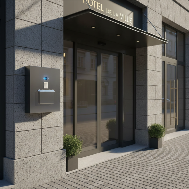 Eingang des Hotels de la Ville mit modernen Glastüren und Pflanzen am Eingang.