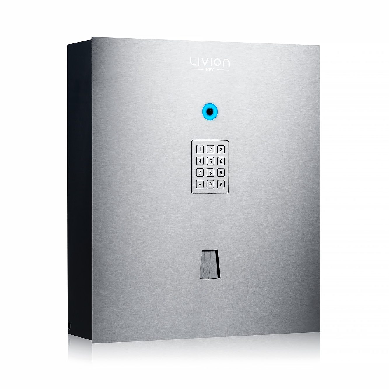 Silbernerne Schlüsselübergabestation mit blau leuchtender Kamera und digitalem Display auf der Vorderseite.