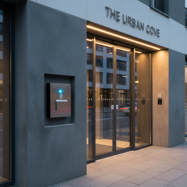 Moderne Gebäudefassade mit beleuchtetem Eingangsbereich und interaktivem Display.